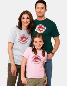 Photo of a man, woman, and child wearing t-shirts that could be branded with your logo.